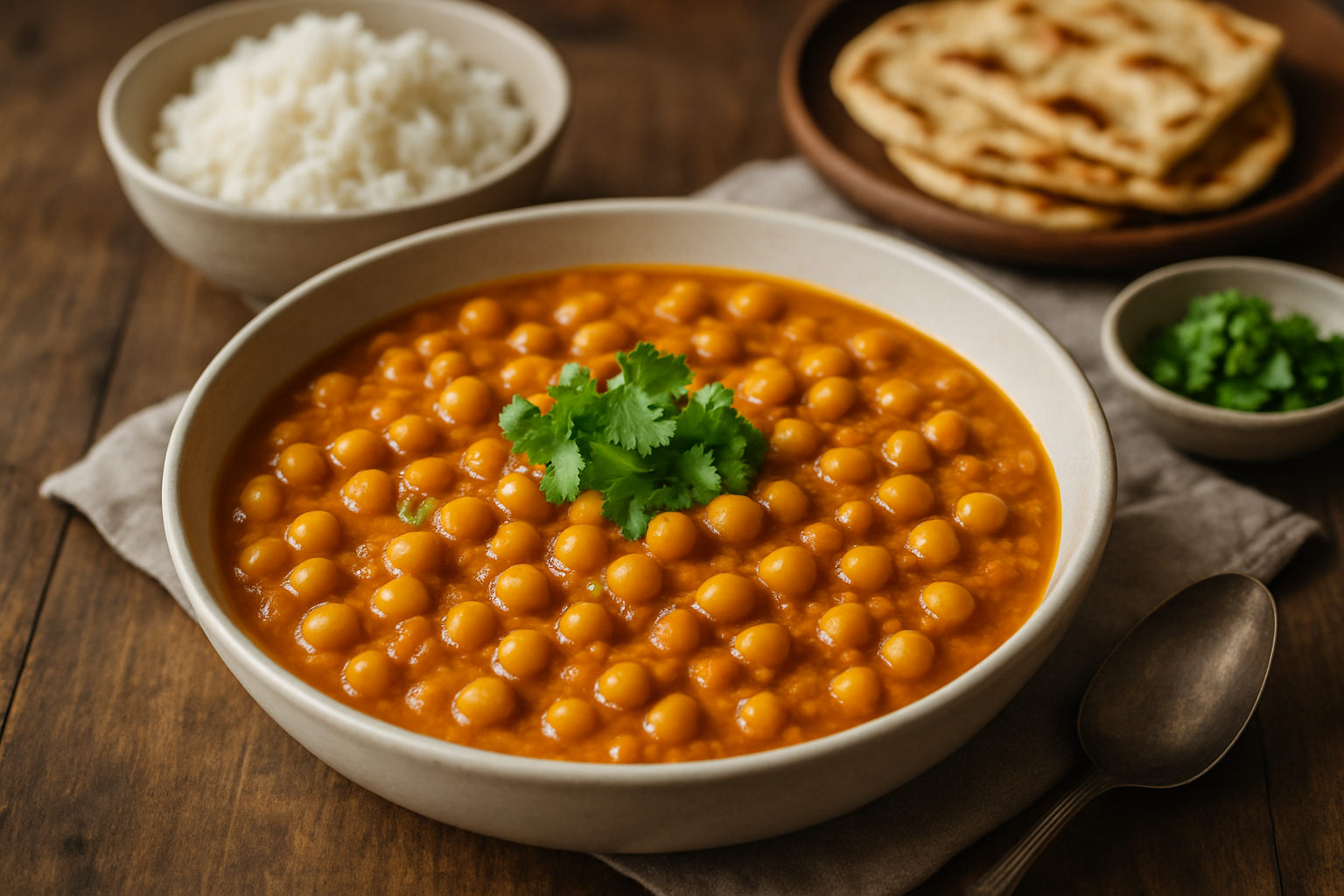 Gęsty, pomidorowy curry z ciecierzycy, podany w szerokiej misce, z świeżą kolendrą na wierzchu. Obok talerzyk z ryżem oraz pita na drewnianym talerzu. Elegancka aranżacja na drewnianym stole.