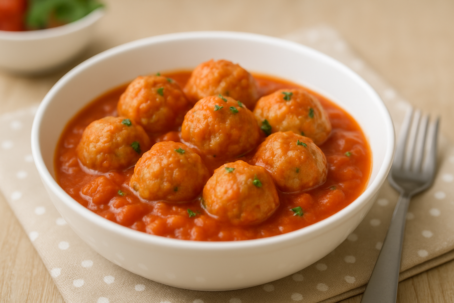 Zupa pomidorowa z klopsikami w białej misce, podana na beżowym obrusie z białymi kropkami, udekorowana świeżą natką pietruszki.