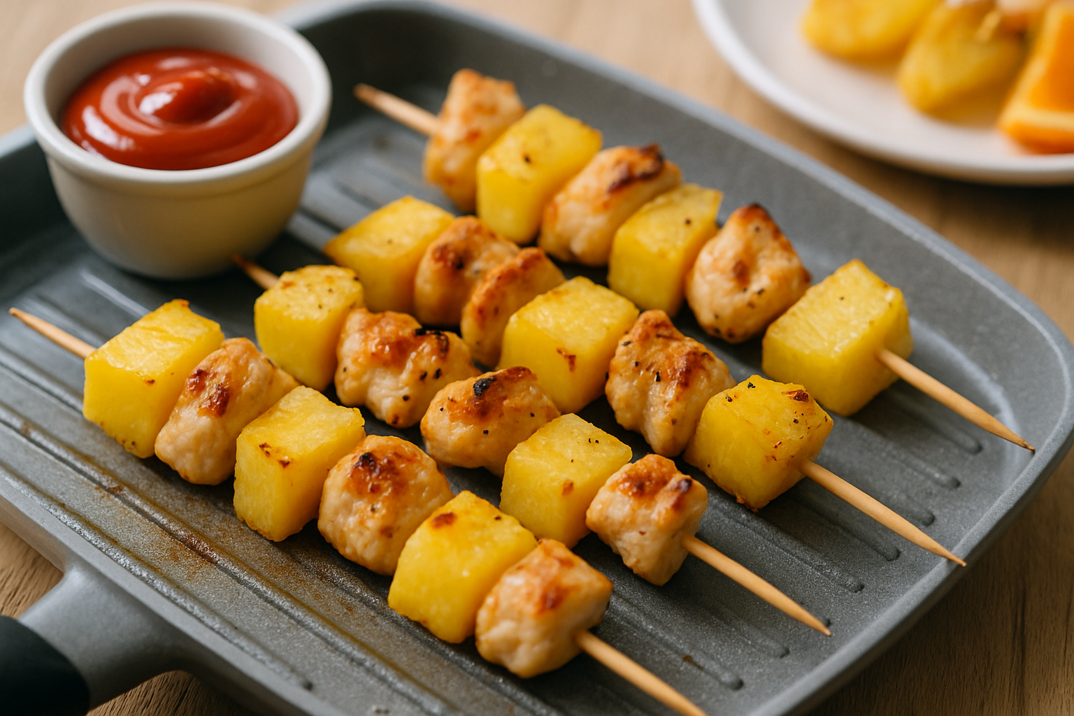 Kawałki kurczaka i ananasa na patykach na patelni grillowej, podane z ketchupem.