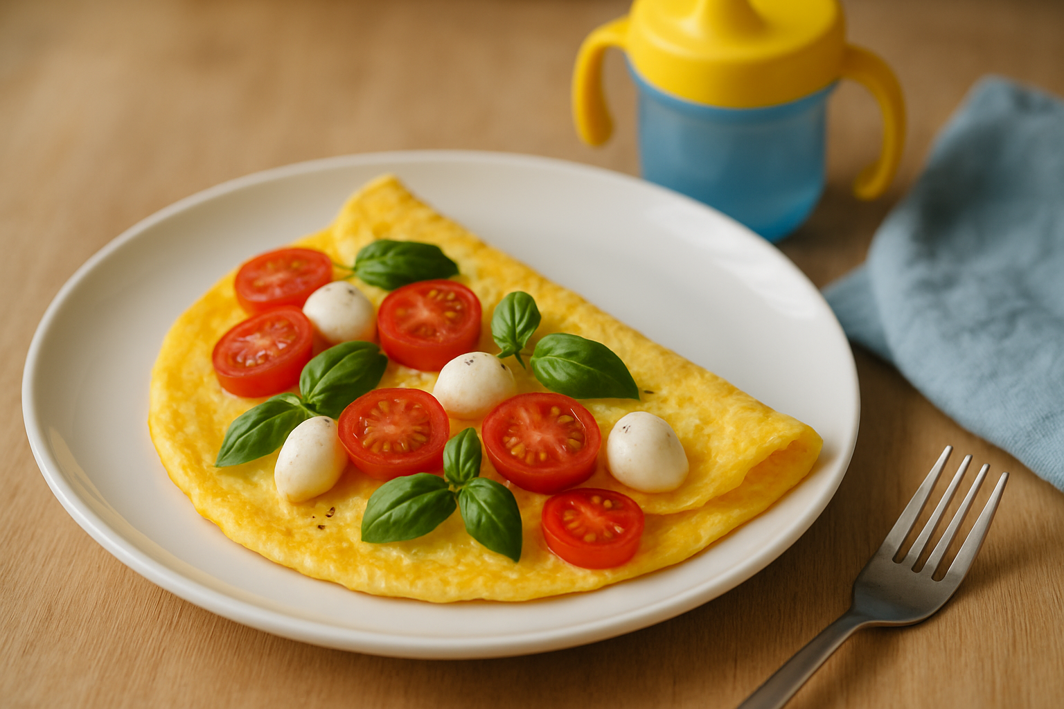 Omelet z pomidorkami koktajlowymi, bazylią i kulkami mozzarelli, podany na białym talerzu. W tle niebieski kubek dla dzieci oraz błękitna serwetka.