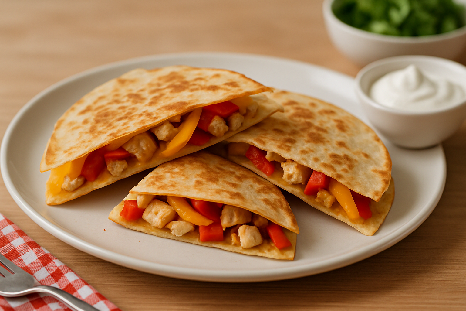 Talerz z trzema tortilla zawierającymi kurczaka, paprykę czerwoną i żółtą, ser cheddar oraz dodatkową porcję kwaśnej śmietany w małej miseczce. Idealne na szybki obiad lub przekąskę.