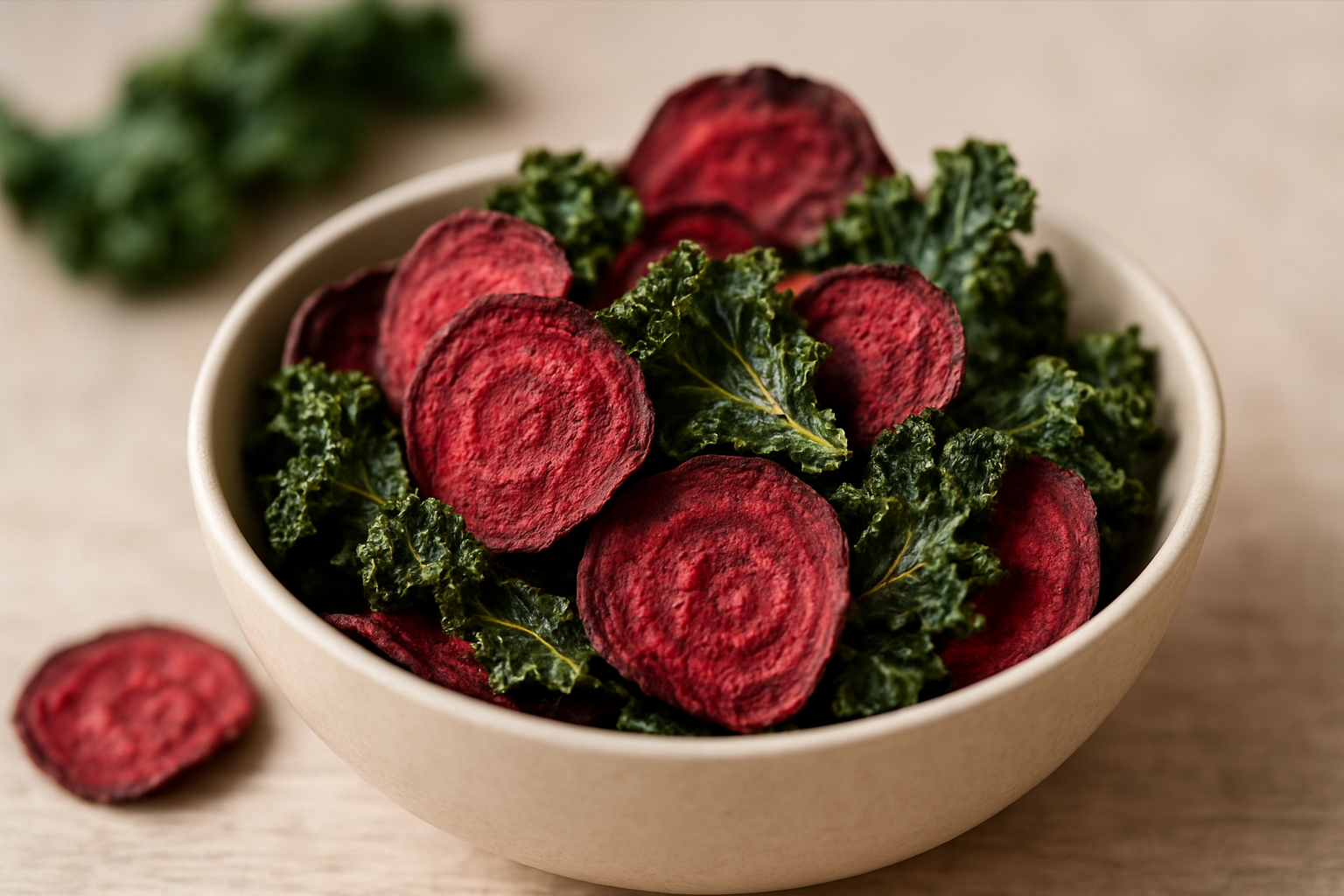 Miseczka z suszonymi plastrami buraka i liśćmi jarmużu, zdrowa przekąska bogata w witaminy i minerały.