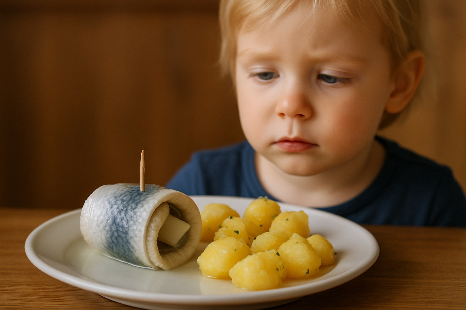 cover-276754 Mały chłopiec z zainteresowaniem patrzy na talerz z rolką ryby i żółtymi kluskami. Na talerzu znajduje się rybna przekąska z ziołami, obok której leżą kluski. Tło w naturalnych odcieniach drewna.