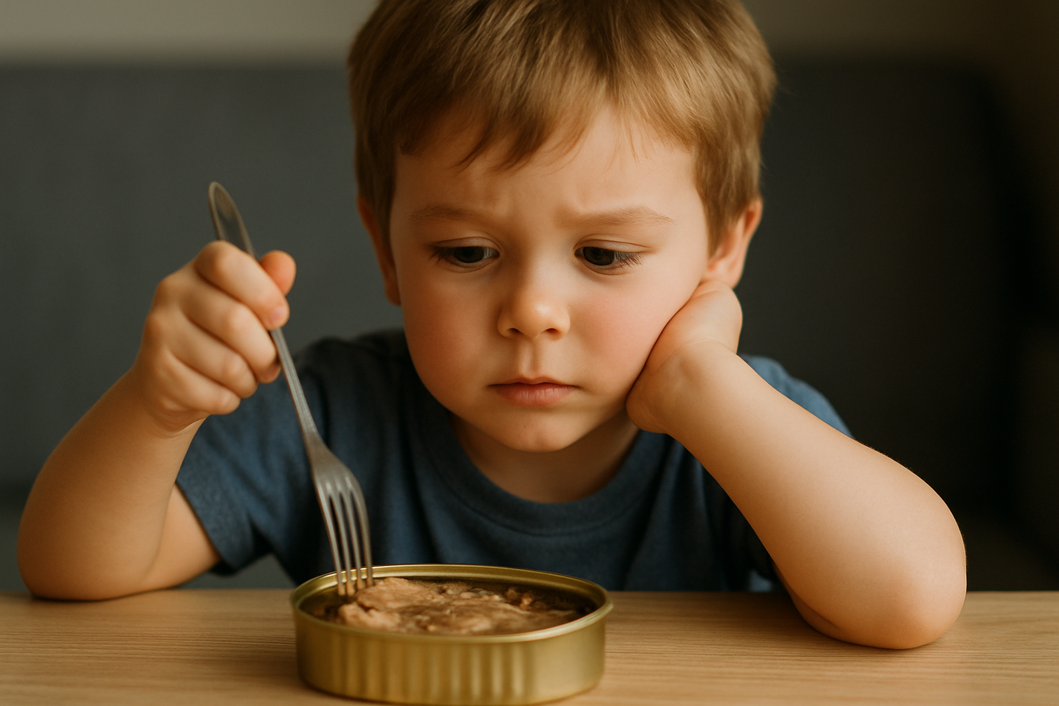 cover-276787 Chłopiec z zamyśloną miną siedzi przy stole, trzymając widelczyk nad puszką jedzenia. W tle widać szary sofę, a cała scena ma ciepłe, naturalne oświetlenie.