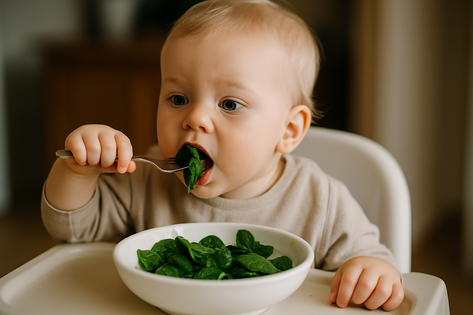 cover-276790 Małe dziecko jedzące świeży szpinak z miski, trzymające widelec w lewej ręce.