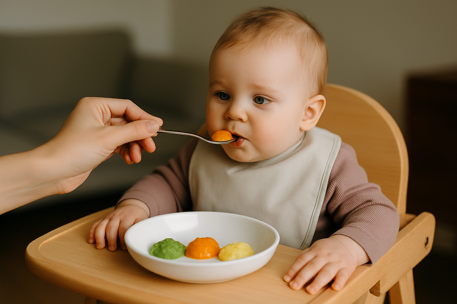 Małe dziecko siedzące na krzesełku do karmienia, z zainteresowaniem przyjmuje jedzenie podawane przez dorosłego. Na talerzu znajdują się kolorowe puree: zielone, pomarańczowe i żółte.