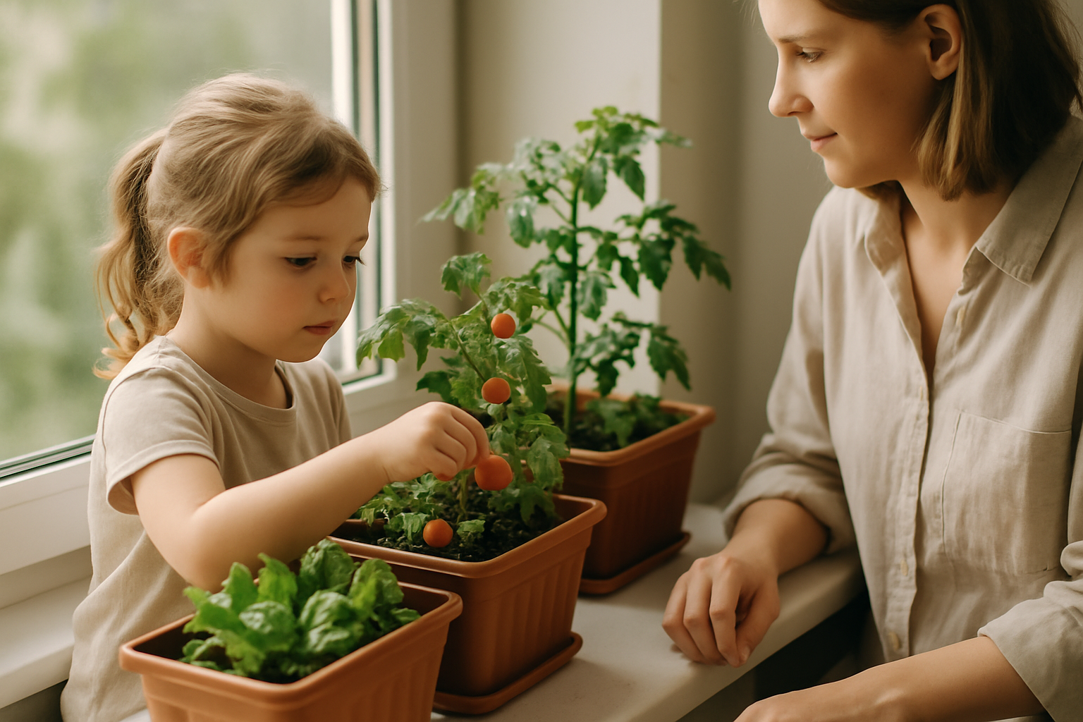 Matka z dzieckiem zajmują się uprawą pomidorów w doniczkach na parapecie. Na zdjęciu widać dziewczynkę, która zbiera dojrzałe pomidory, a obok niej stoi uśmiechnięta matka. Rośliny są zielone i zdrowe, co podkreśla atmosferę rodzinnej aktywności w ogrodnictwie.