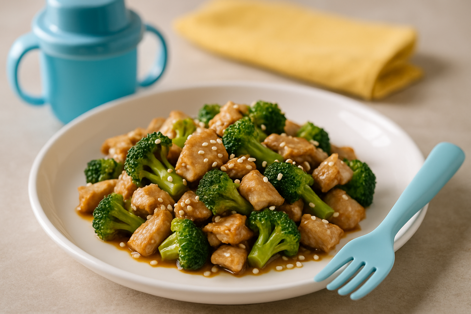 Danielek z kurczakiem i brokułami w sosie sojowym, posypany sezamem, na talerzu obok niebieskiego kubka i żółtej serwetki.