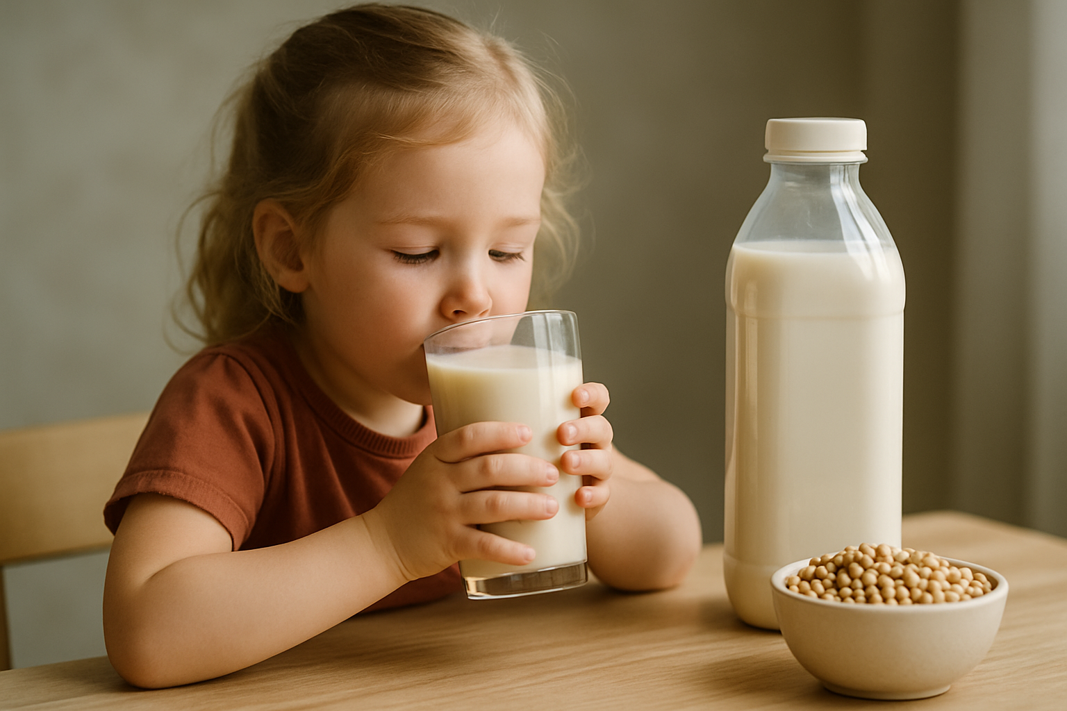Dziecko pije mleko z szklanki, obok znajduje się butelka mleka i miseczka z soją, w tle jasna ściana.