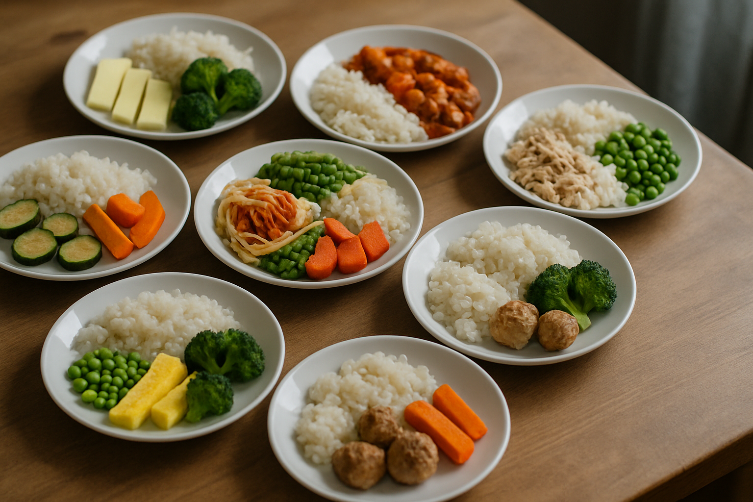 Zestaw zdrowych posiłków na białym talerzu, zawierający ryż, świeże warzywa takie jak brokuły, marchew, groszek oraz różne źródła białka, w tym mięso i klopsiki. Idealne dla osób poszukujących zrównoważonej diety.