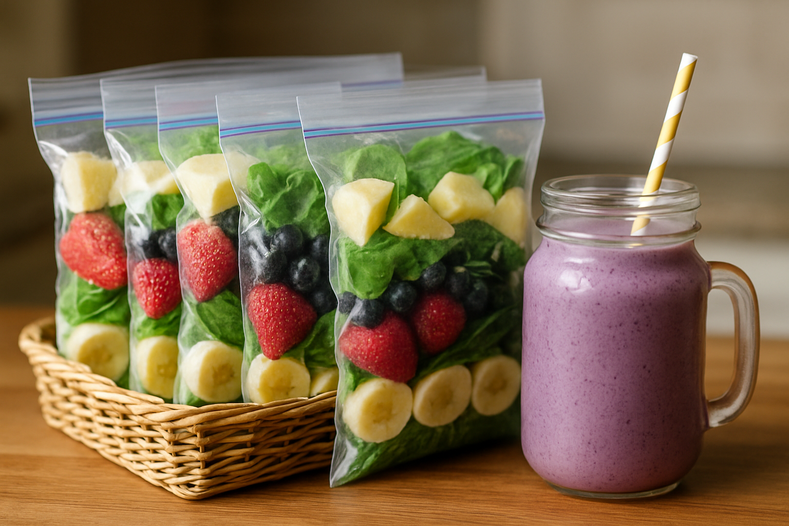 Zestaw mrożonych owoców i warzyw w przezroczystych woreczkach, obok szklanki smoothie jagodowego z słomką. Idealne rozwiązanie na zdrowe i szybkie smoothie na każdą okazję.