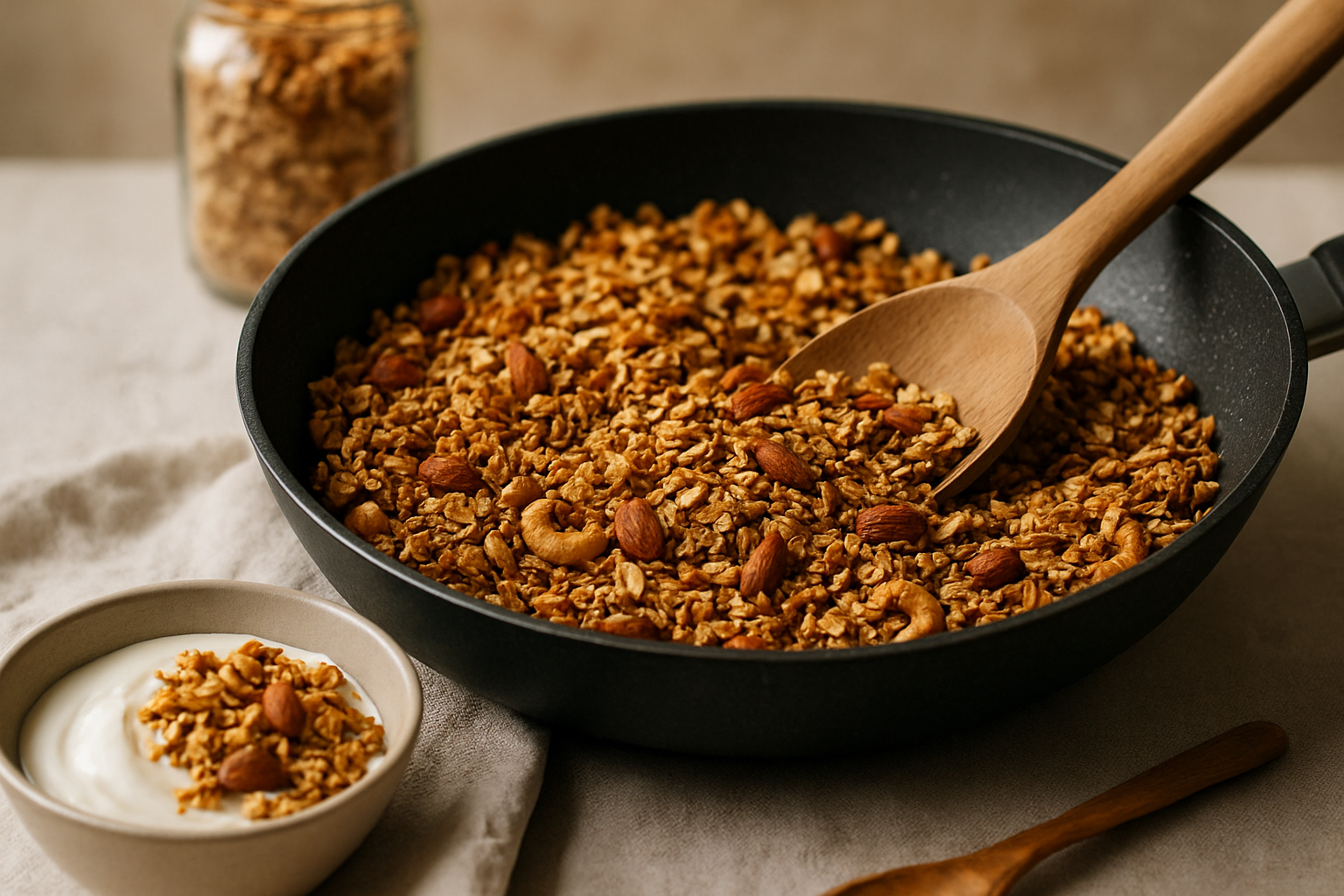 Granola w czarnej patelni z drewnianą łyżką, obok miseczka jogurtu z dodatkiem granoli i migdałów. W tle słoik z granolą.