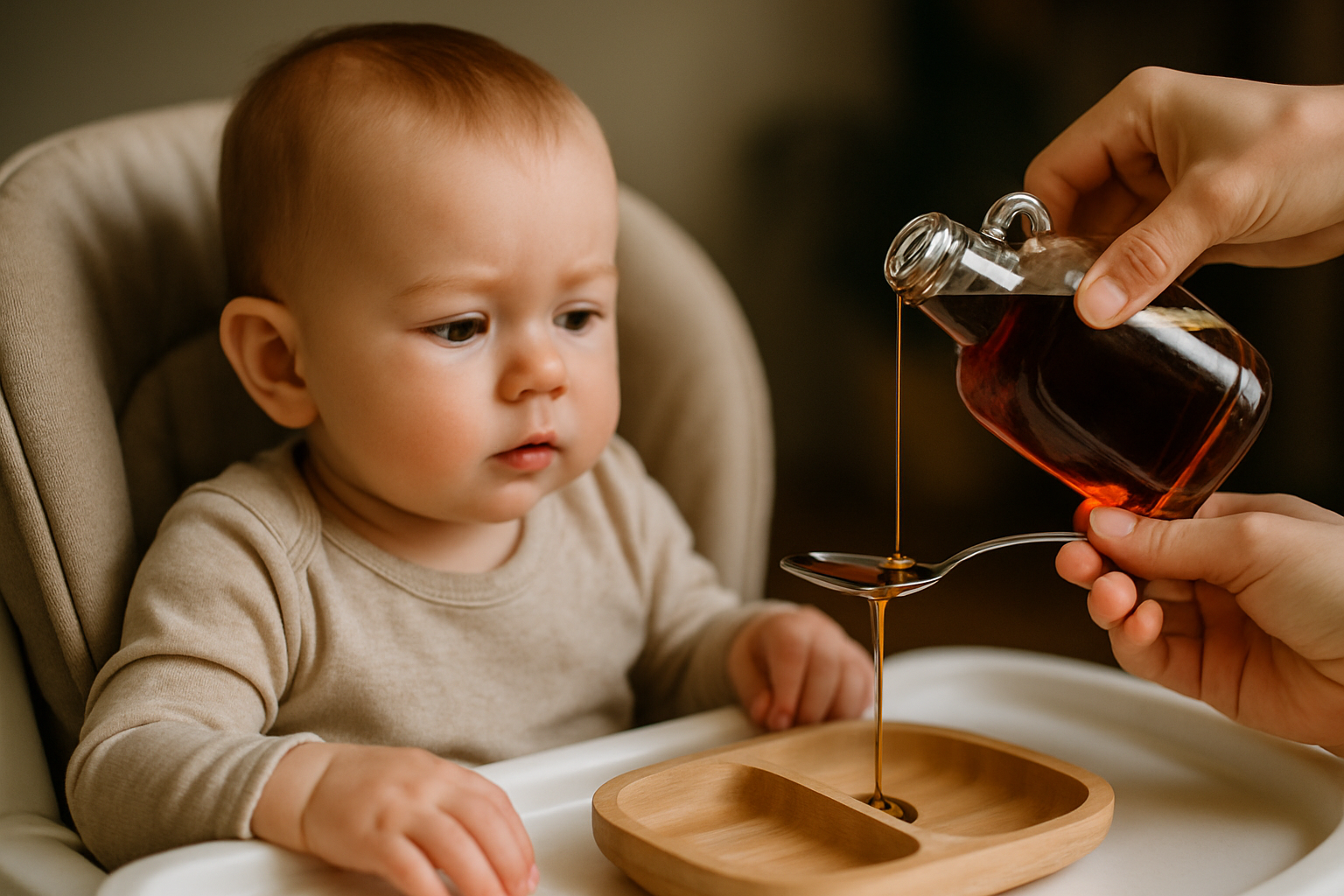 cover-276886 Małe dziecko siedzi w krzesełku do karmienia, uważnie obserwując, jak syrop wlewa się do łyżki. W tle widoczna jest drewniana miseczka do serwowania. Pomieszczenie ma przytulny, naturalny klimat.