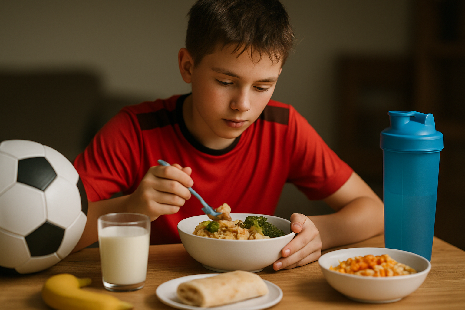 cover-276904 Chłopiec w czerwonej koszulce spożywa zdrowy posiłek z miski, obok znajduje się piłka nożna, szklanka mleka, banan oraz butelka z napojem.