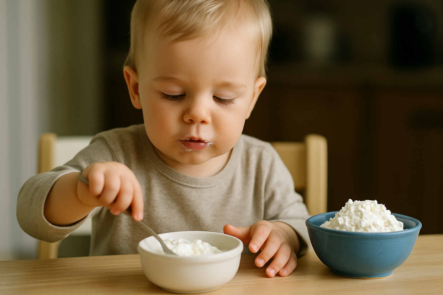 Mały chłopiec jedzący twaróg z miski, z wyrazem skupienia na twarzy, siedzący przy drewnianym stole. Obok niego znajduje się dodatkowa miska z twarogiem.