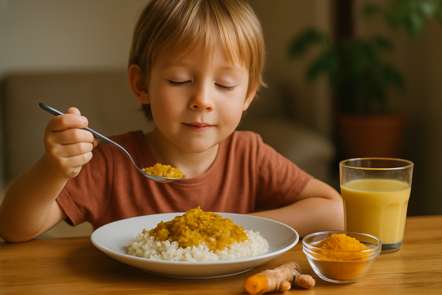 Mały chłopiec je ryż z sosem, trzymając łyżkę, obok znajduje się szklanka napoju i miseczka z kurkumą.