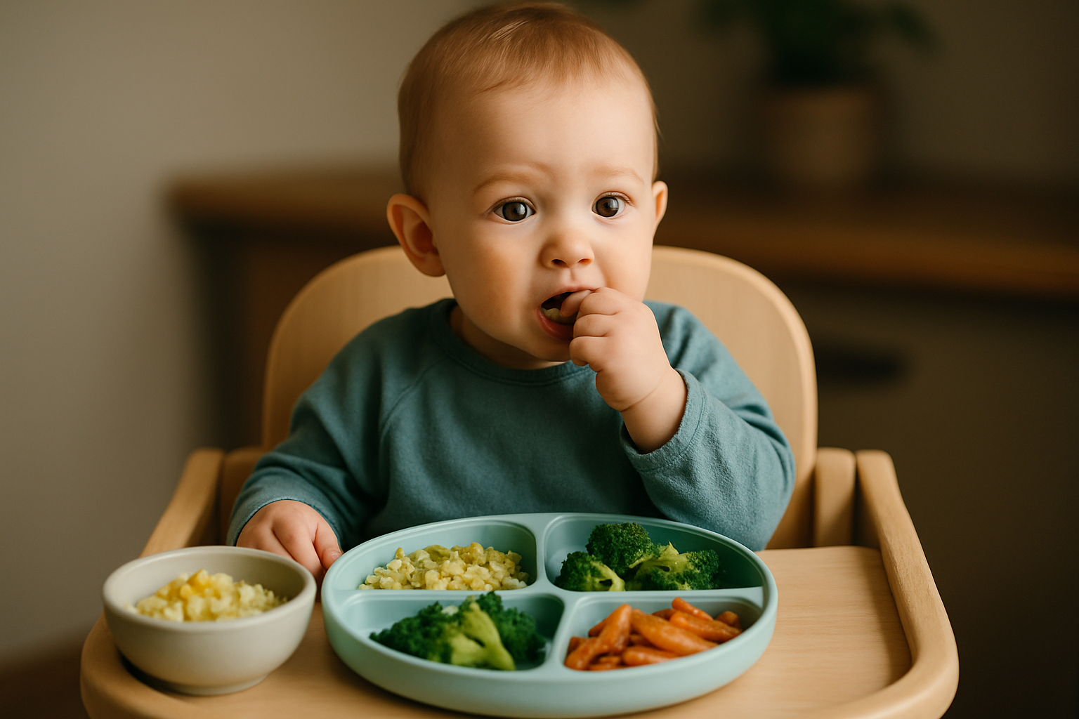 Młody niemowlak siedzi na wysokim krzesełku, trzymając jedzenie w ręku. Na talerzu są brokuły, marchewki oraz kasza, obok miseczka z kukurydzą. Przyjemne, naturalne światło tworzy ciepłą atmosferę.