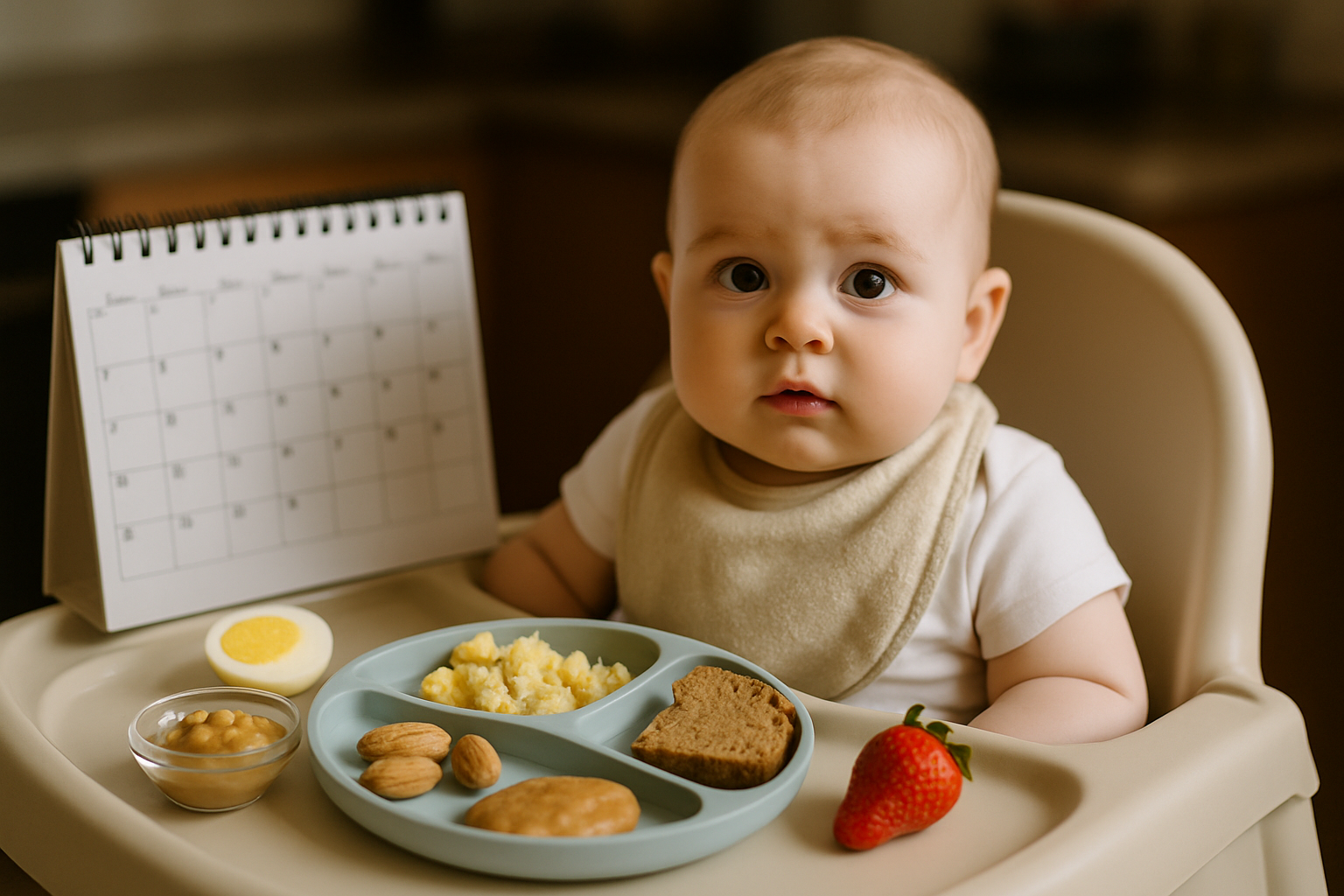 Małe dziecko siedzi w krzesełku do karmienia, przed nim kolorowy talerz z posiłkiem, zawierającym jajko, puree jabłkowe, orzechy, chleb i truskawkę. W tle widoczny kalendarz.