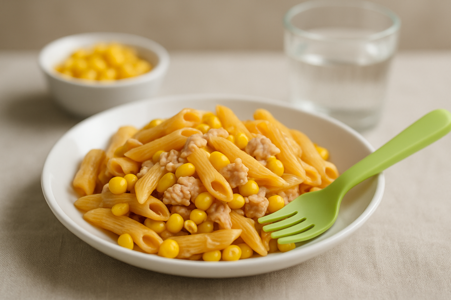 Pasta penne z mięsem mielonym i kukurydzą w białej misce, z zielonym widelcem obok. W tle szklanka wody i mała miseczka z kukurydzą.