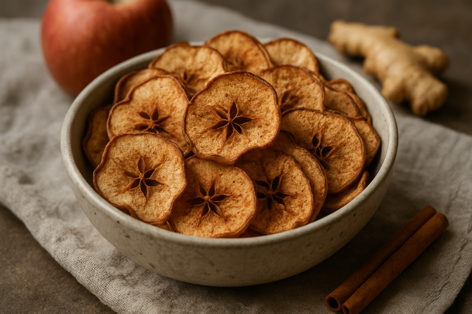 Suszone plasterki jabłek w ceramicznej misce, obok świeży imbir i cynamon. Idealna przekąska zdrowa i smaczna.