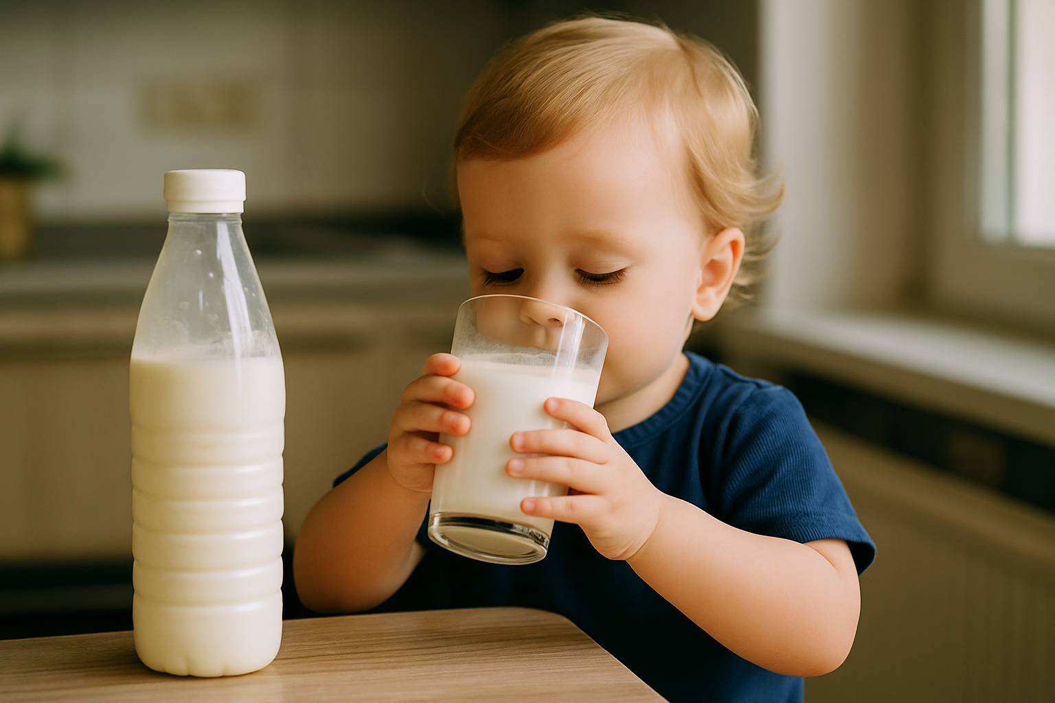 Mały chłopiec pije mleko z przezroczystej szklanki, obok stoi butelka z mlekiem, a w tle widać nowoczesną kuchnię.