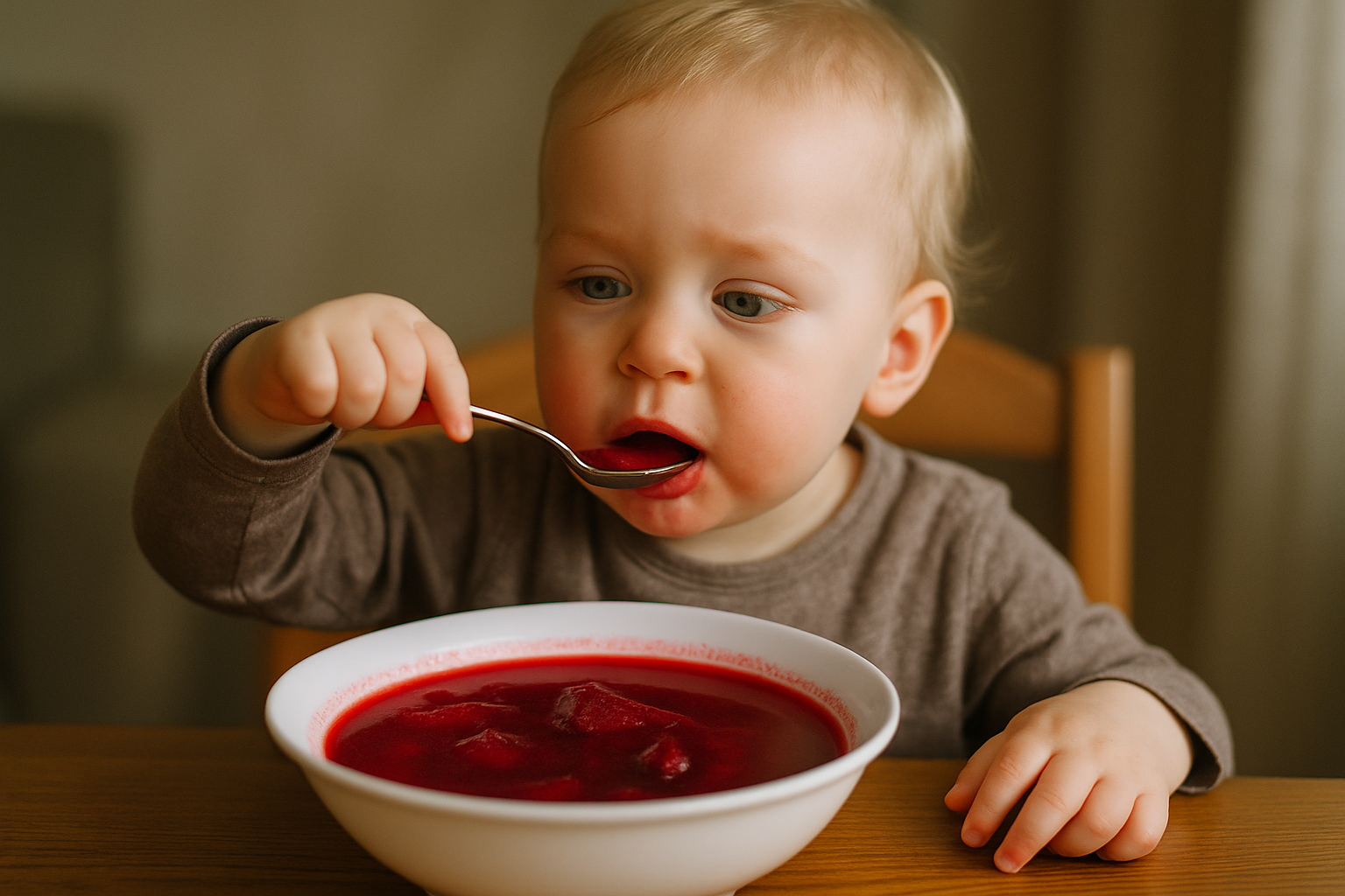 Małe dziecko siedzi przy stole, jedząc zupy z czerwonego buraka z białej miski. Maluch trzyma łyżkę i z zaangażowaniem spożywa posiłek. W tle widać subtelne, neutralne kolory.
