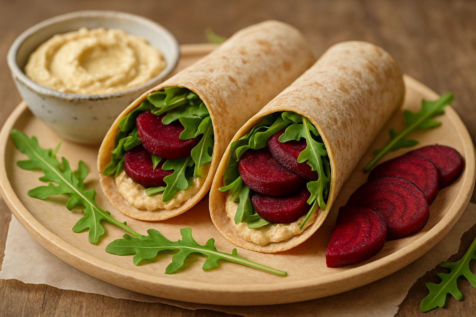 Burrito z hummusem, rukolą i burakiem na talerzu drewnianym, dekorowane liśćmi rukoli i plasterkami buraka.
