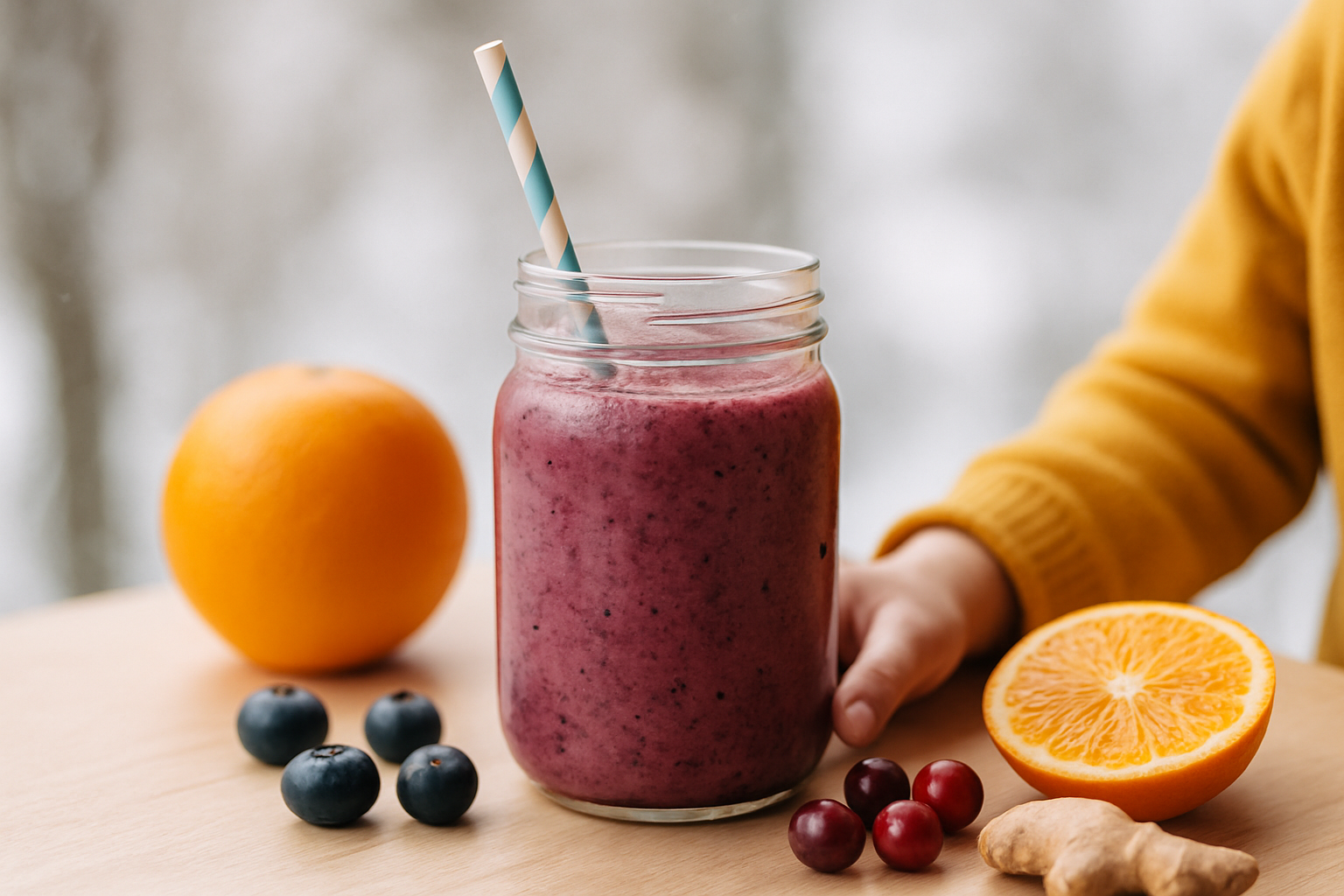 Zdjęcie przedstawia szklankę smoothie w słoiku, z paskiem do picia, otoczoną świeżymi owocami: pomarańczą, jagodami i winogronami. W tle widoczna jest rozmyta sceneria, a ręka dziecka trzymająca szklankę. Idealne na zdrowe śniadanie lub przekąskę.