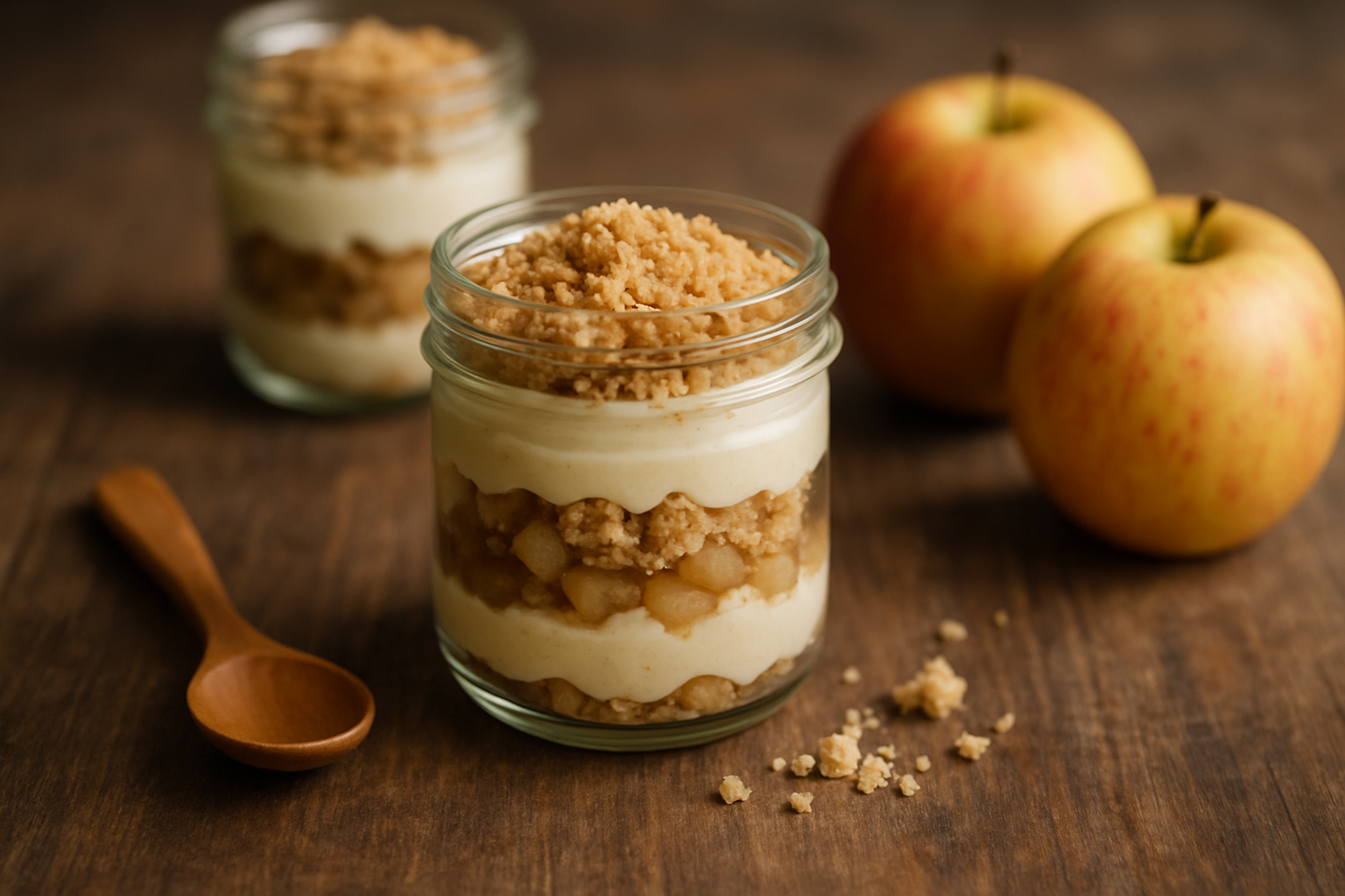 Słodki deser w słoiku z kremem, kawałkami jabłek i kruszonką, obok dwa jabłka na drewnianym blacie.