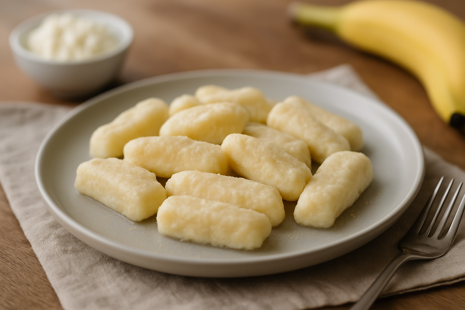 Gnocchi na talerzu z ciastem ziemniaczanym, obok banan i miseczka serka. Idealne na domowy obiad.