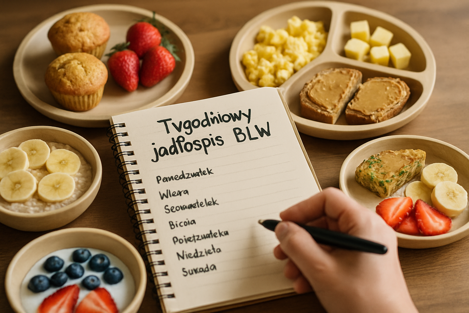 Alternatywny tekst (ALT): "Plan posiłków na tydzień w metodzie BLW, z widocznymi zdrowymi przekąskami, takimi jak muffinki, truskawki, jajka i różne owoce, oraz notesem z listą posiłków."