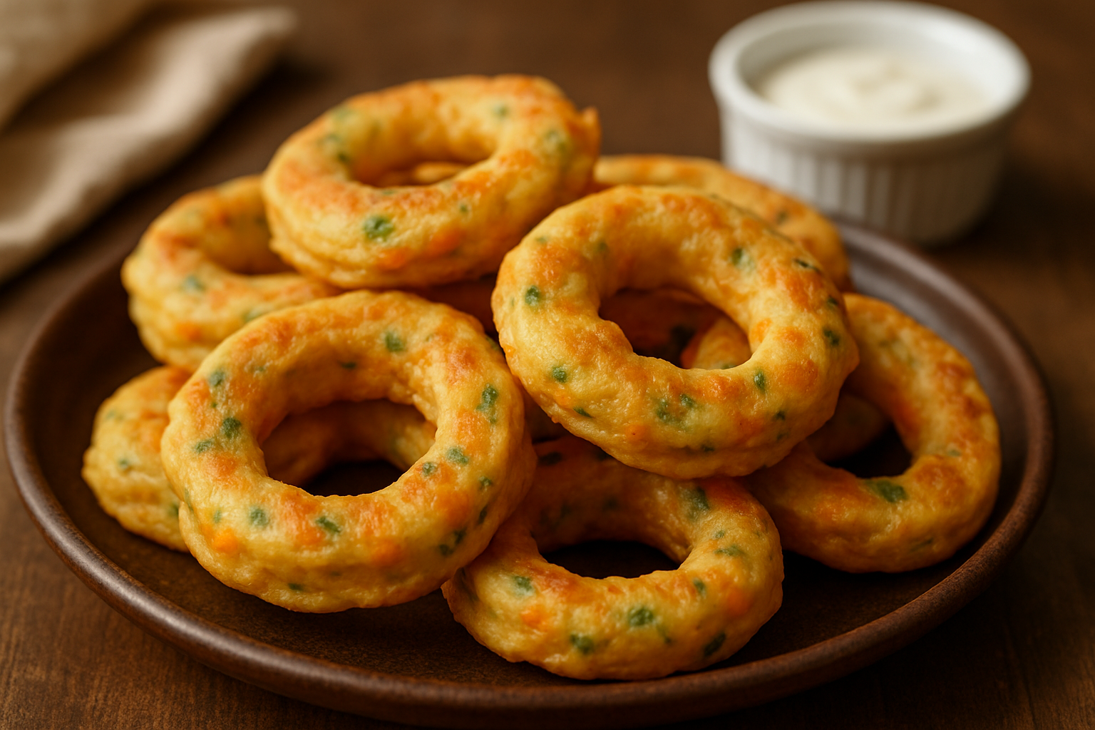 Złote pierścienie warzywne na talerzu, podane z sosem do dipowania. Idealna przystawka lub przekąska, chrupiąca z zewnątrz, miękka w środku, z dodatkiem świeżych ziół.