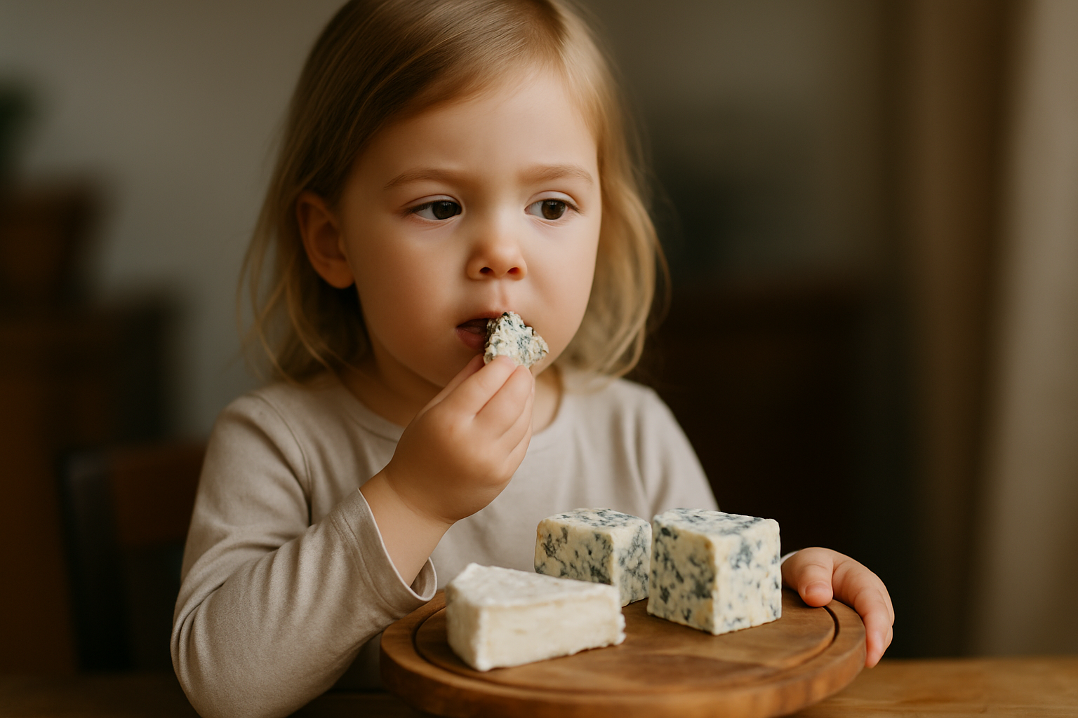 Dziecko w jasnej bluzeczce smakujące kawałek niebieskiego sera, obok niego na drewnianym talerzu znajdują się różne rodzaje sera. Naturalne światło tworzy ciepłą atmosferę w tle.