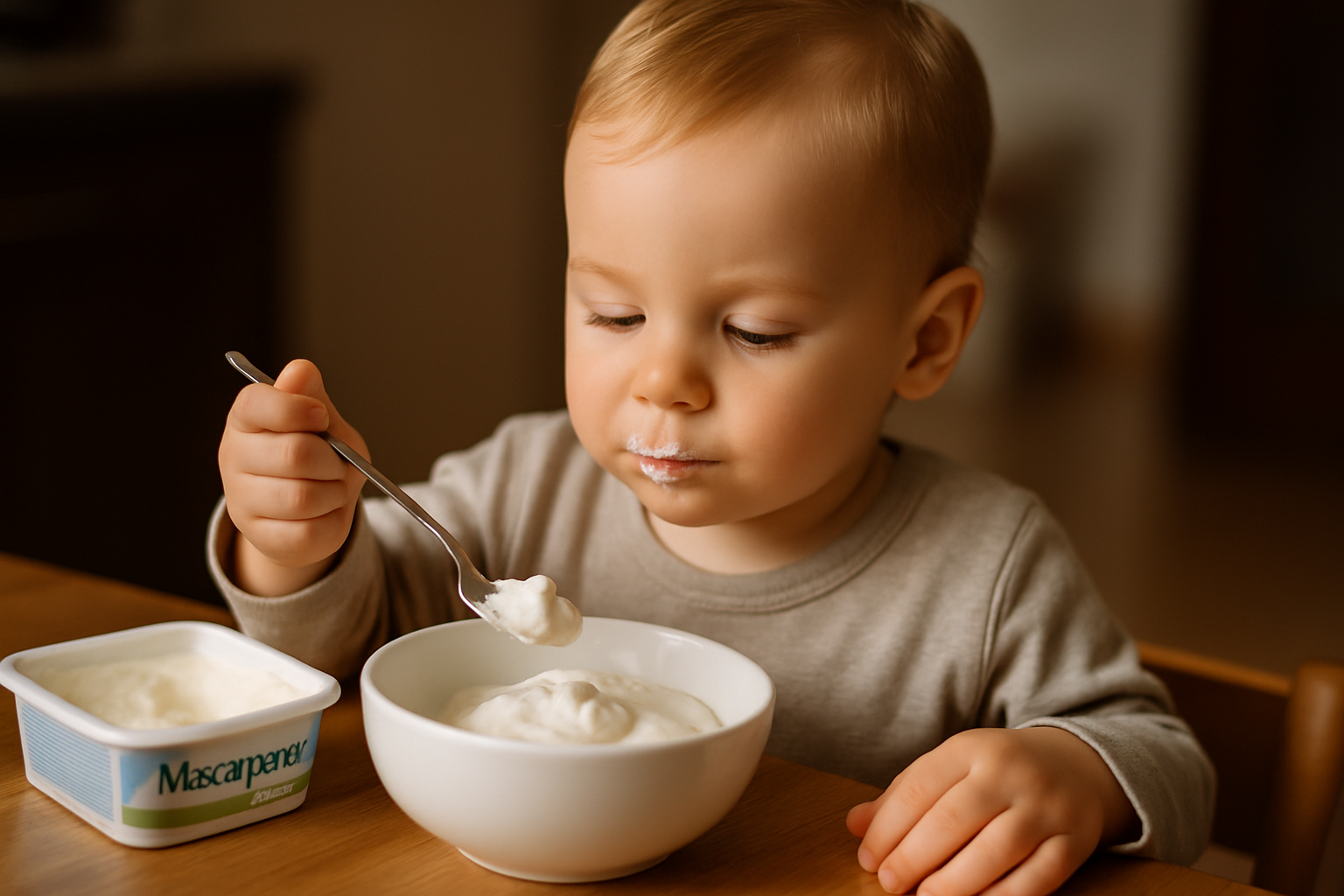 Mały chłopiec jedzący mascarpone z miseczki, trzymając łyżkę. Na stole widoczny opakowanie mascarpone. Naturalne światło, przytulna kuchnia.