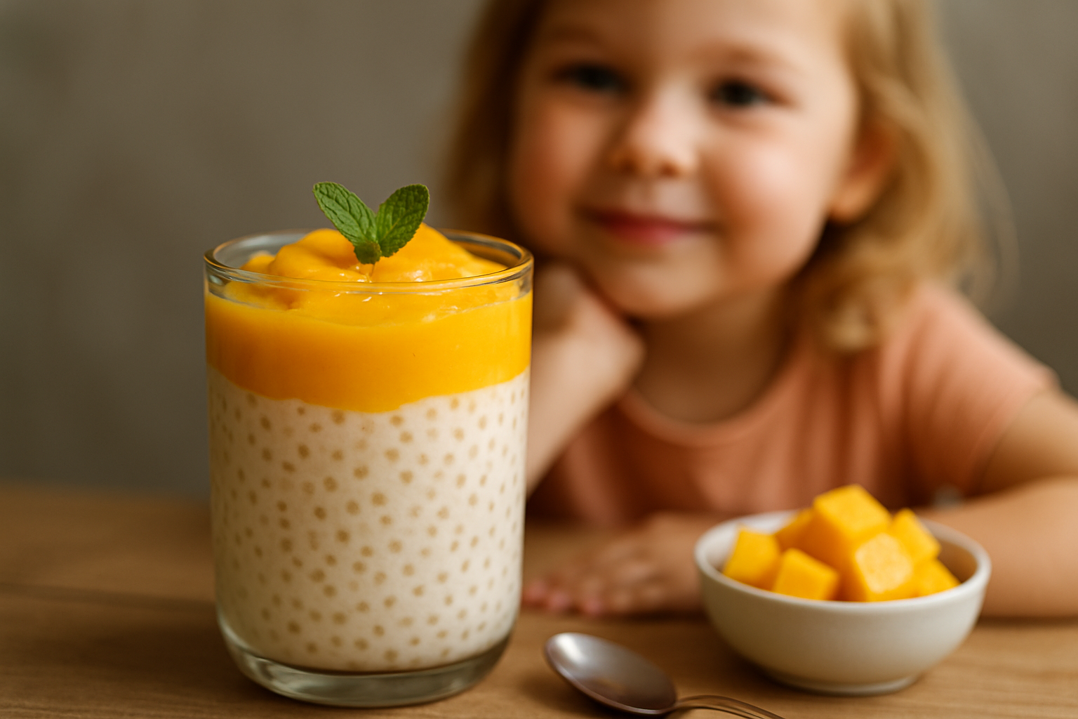 cover-277061 Młoda dziewczynka z uśmiechem patrzy na pyszny deser z tapioki z mangowym musem i listkiem mięty, obok znajduje się miseczka z kawałkami mango.