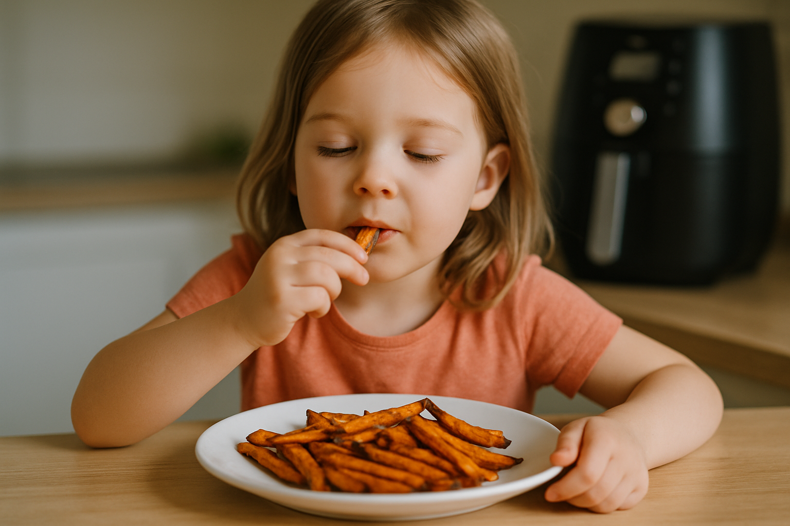 cover-277088 Dziecko w jasnej koszulce delektuje się frytkami ze słodkich ziemniaków na talerzu, w tle widoczny frytkownica.