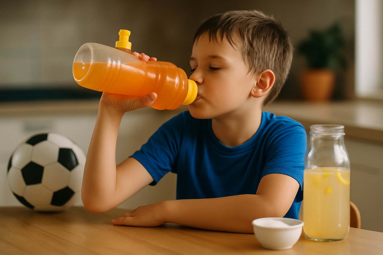 Chłopiec w niebieskiej koszulce pije napój sportowy z butelki. Na stole znajduje się również szklanka lemoniady i miseczka z cukrem, a obok leży piłka nożna.