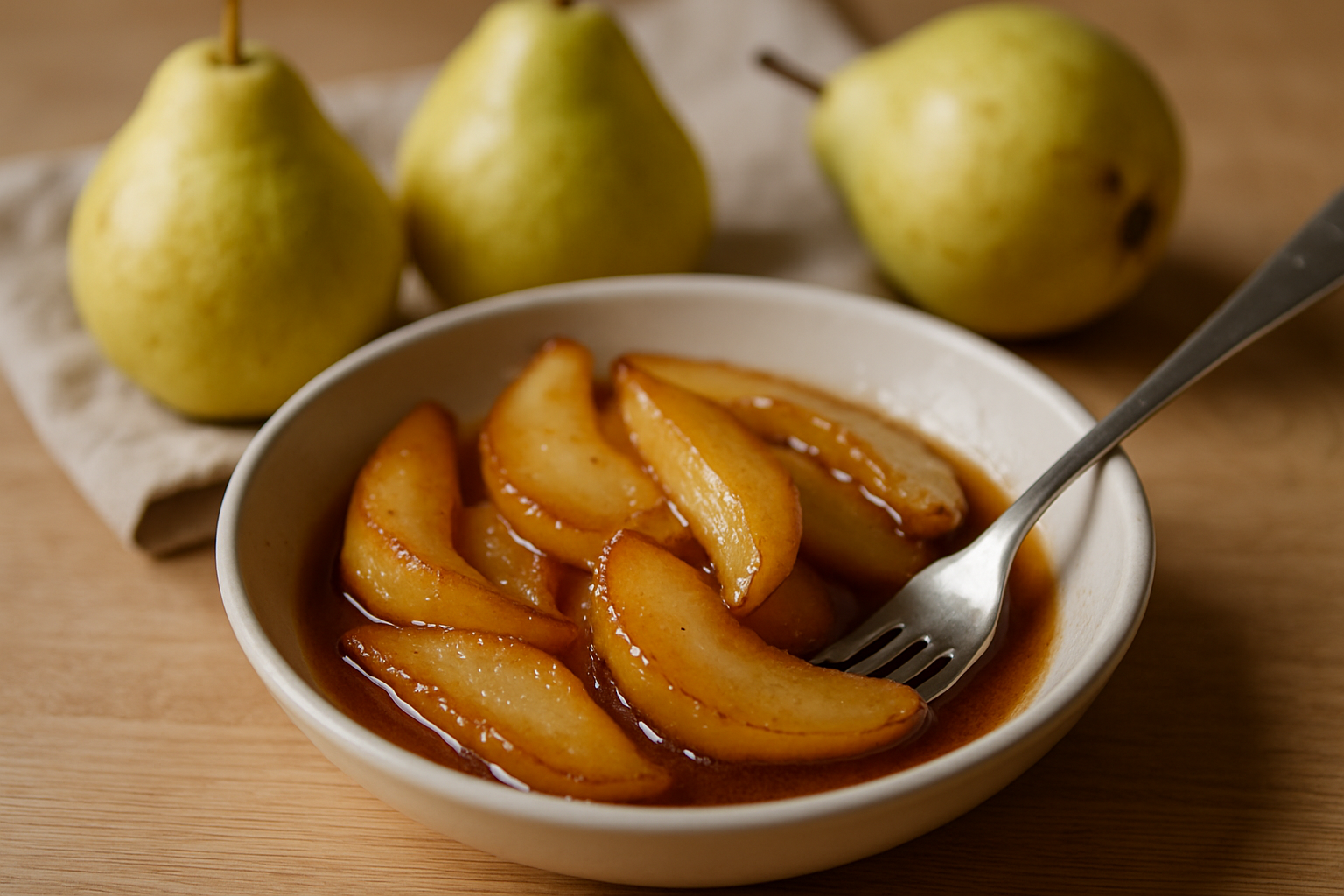 Deser z gotowanych gruszek w karmelu podany w białej miseczce, z widelcem obok. W tle widoczne trzy świeże gruszki na lnianym obrzeżu.
