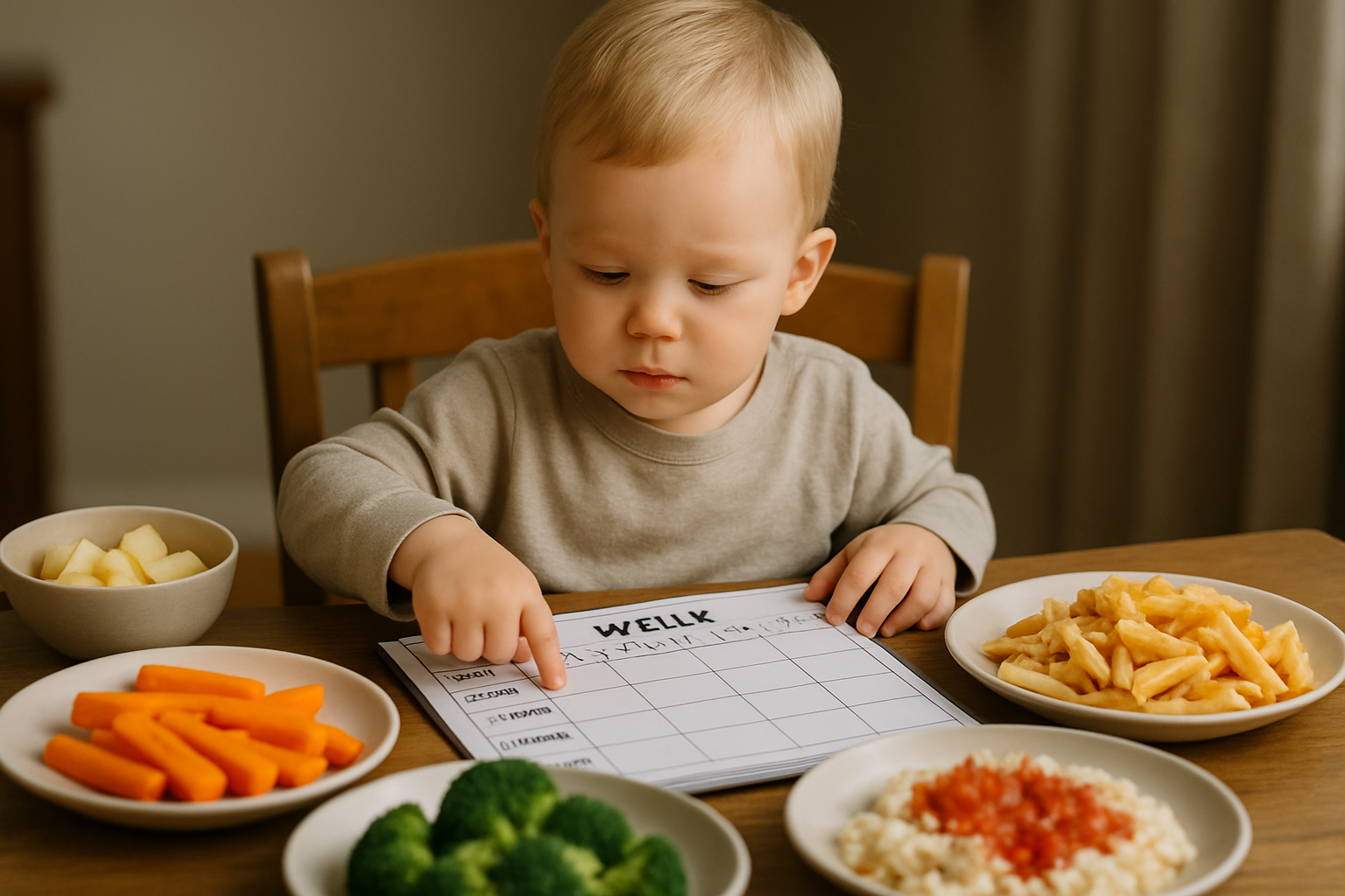 Mały chłopiec siedzi przy stole, na którym znajduje się arkusz do planowania posiłków oraz talerze z różnorodnymi potrawami, takimi jak marchewki, brokuły, frytki i ryż z sosem. W tle widać miskę z pokrojonymi jabłkami.