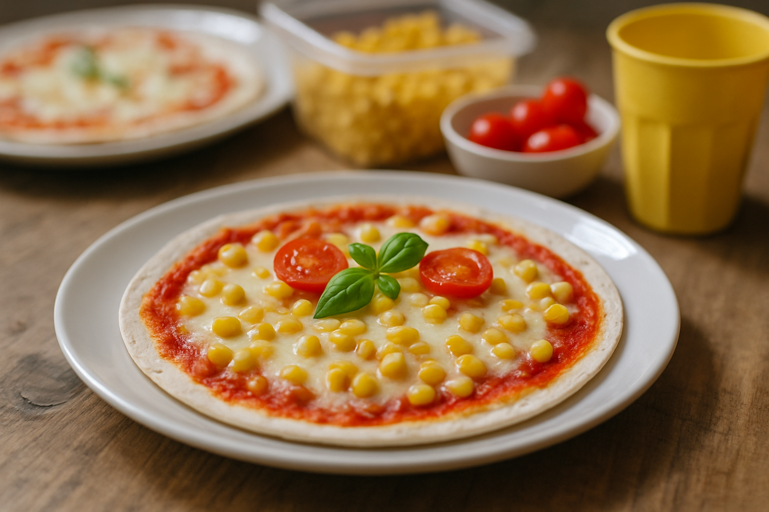 Pizza na talerzu z sosem pomidorowym, serem, kukurydzą i pomidorami koktajlowymi, obok pojemnik z kukurydzą i czerwonymi pomidorami.