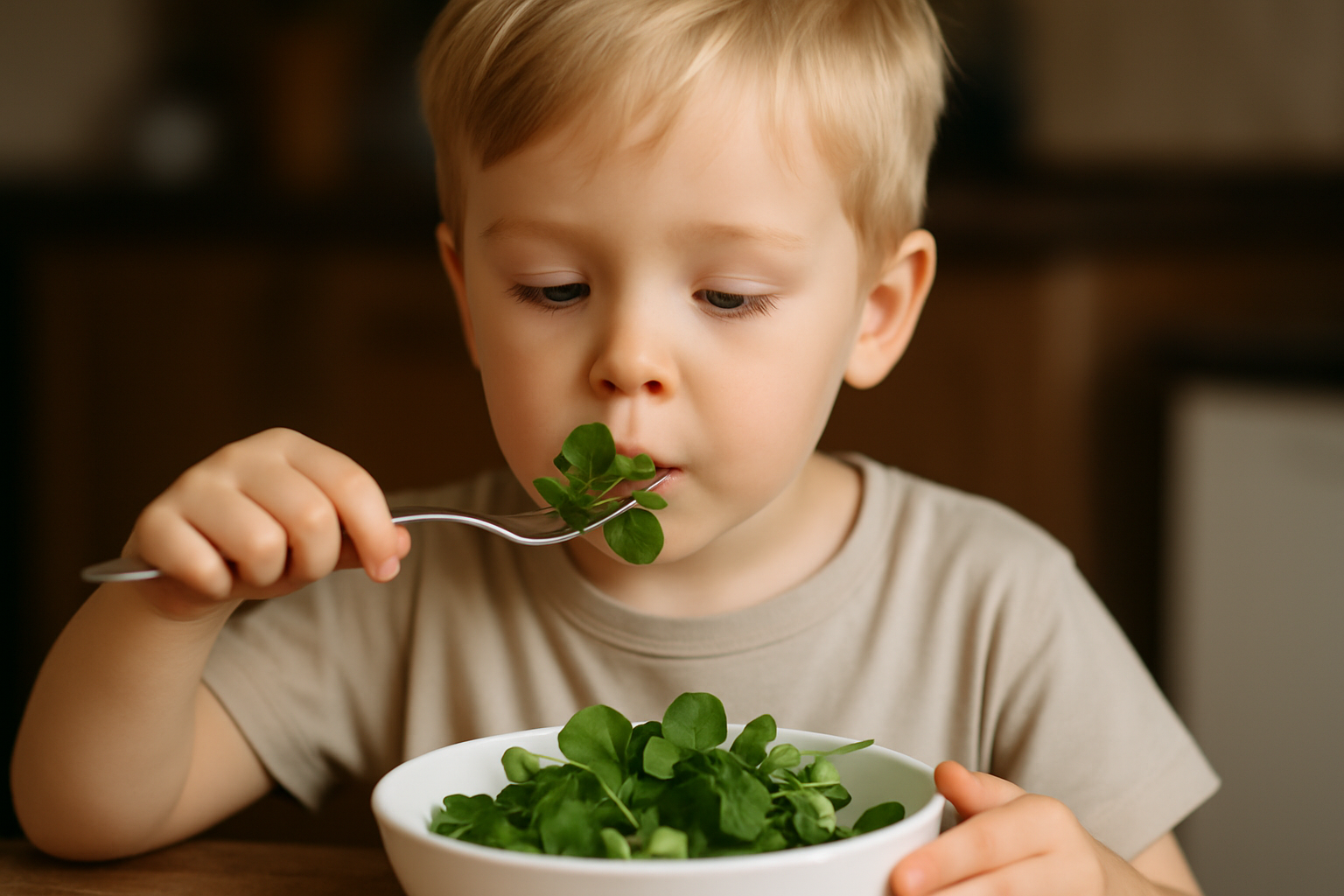 Chłopiec w jasnej koszulce je sałatę z miski, trzymając widelczyk. Skupiony na jedzeniu, eksploruje zdrową żywność. W tle widoczna jest kuchnia.