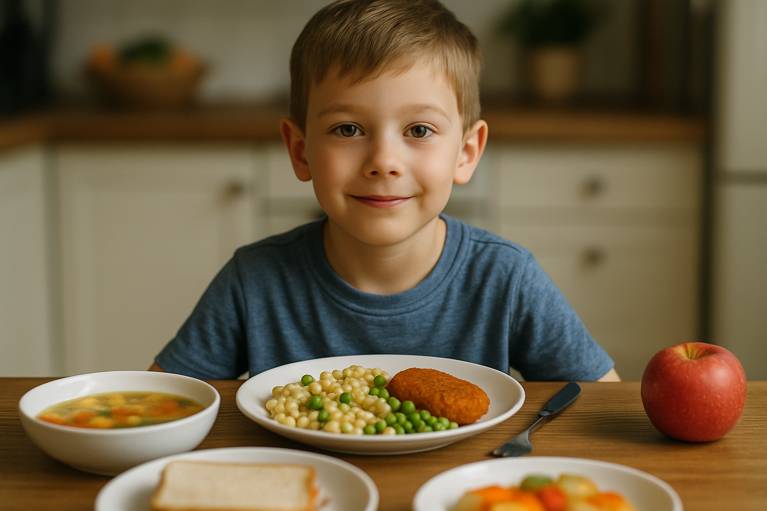 Chłopiec siedzi przy stole z uśmiechem, przed nim talerz z jedzeniem, w tym groszek, kluski i kotlet. Obok znajdują się zupa, kanapka oraz jabłko.