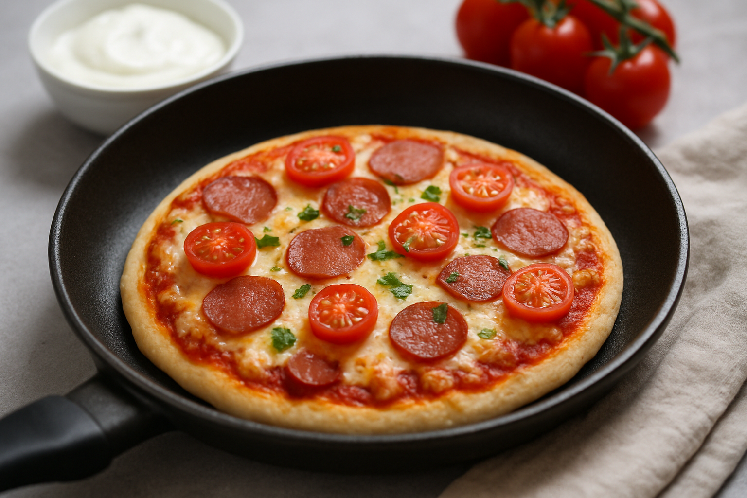 Pizza na patelni z plasterkami salami i pomidorkami koktajlowymi, podana z sosem w małej miseczce. Obok widoczne świeże pomidory.