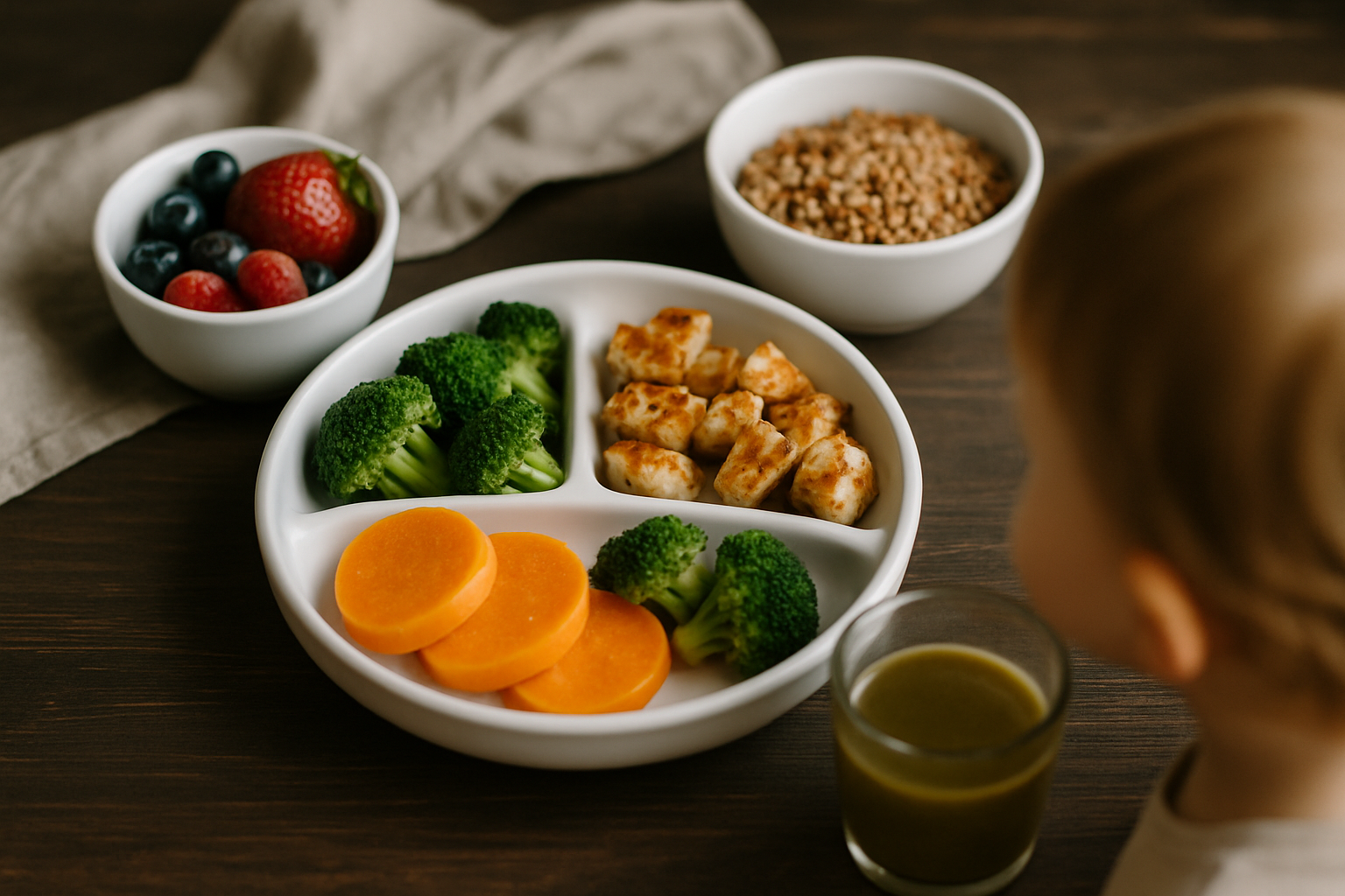 Zdrowy posiłek dla dziecka z brokułami, gotowanym tofu, plastrami dyni i świeżymi owocami w tle, obok szklanka zielonego smoothie.