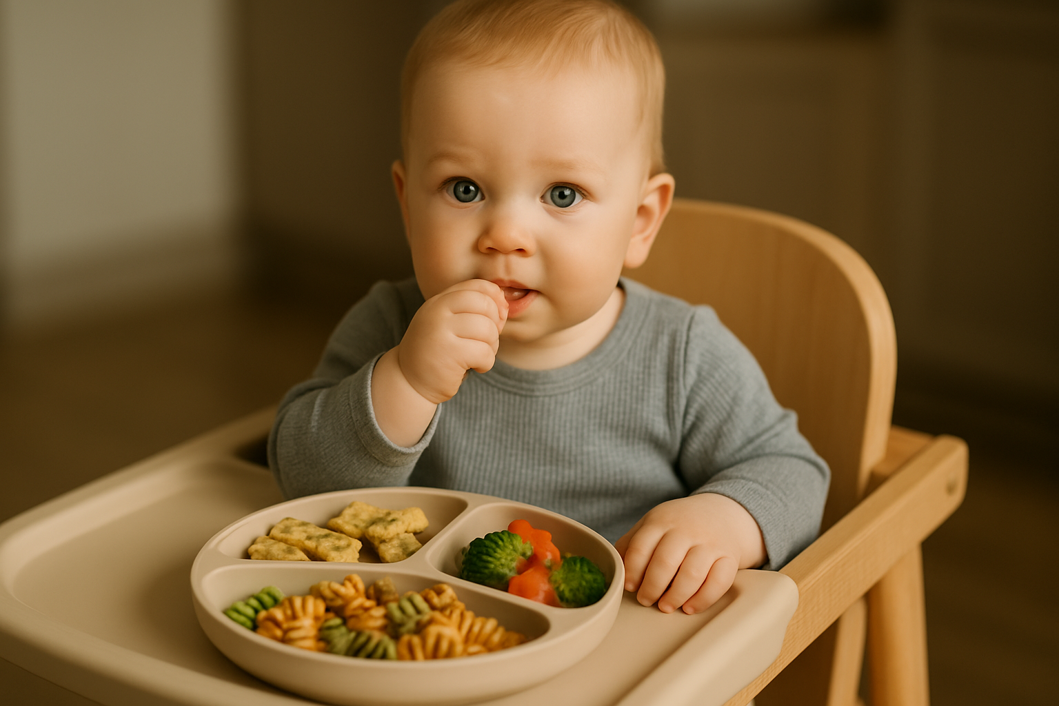 Małe dziecko siedzące w wysokim krzesełku do karmienia, trzymające w ręku kawałek jedzenia, obok talerz z różnorodnymi zdrowymi potrawami, takimi jak warzywa i makaron.
