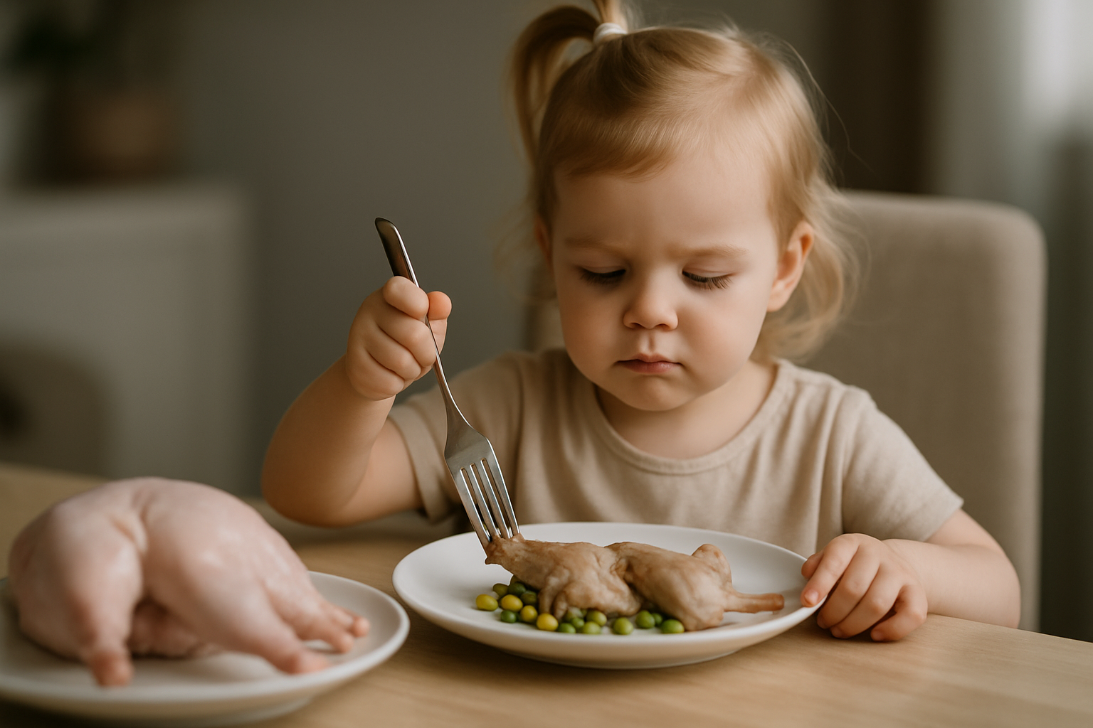 cover-277199 Mała dziewczynka w beżowej koszulce je posiłek z talerza, używając widelca. Na stole znajduje się kawałek surowego kurczaka oraz danie z mięsem i zielonymi groszkami. Dziewczynka koncentruje się na jedzeniu, a w tle widać przytulne wnętrze.