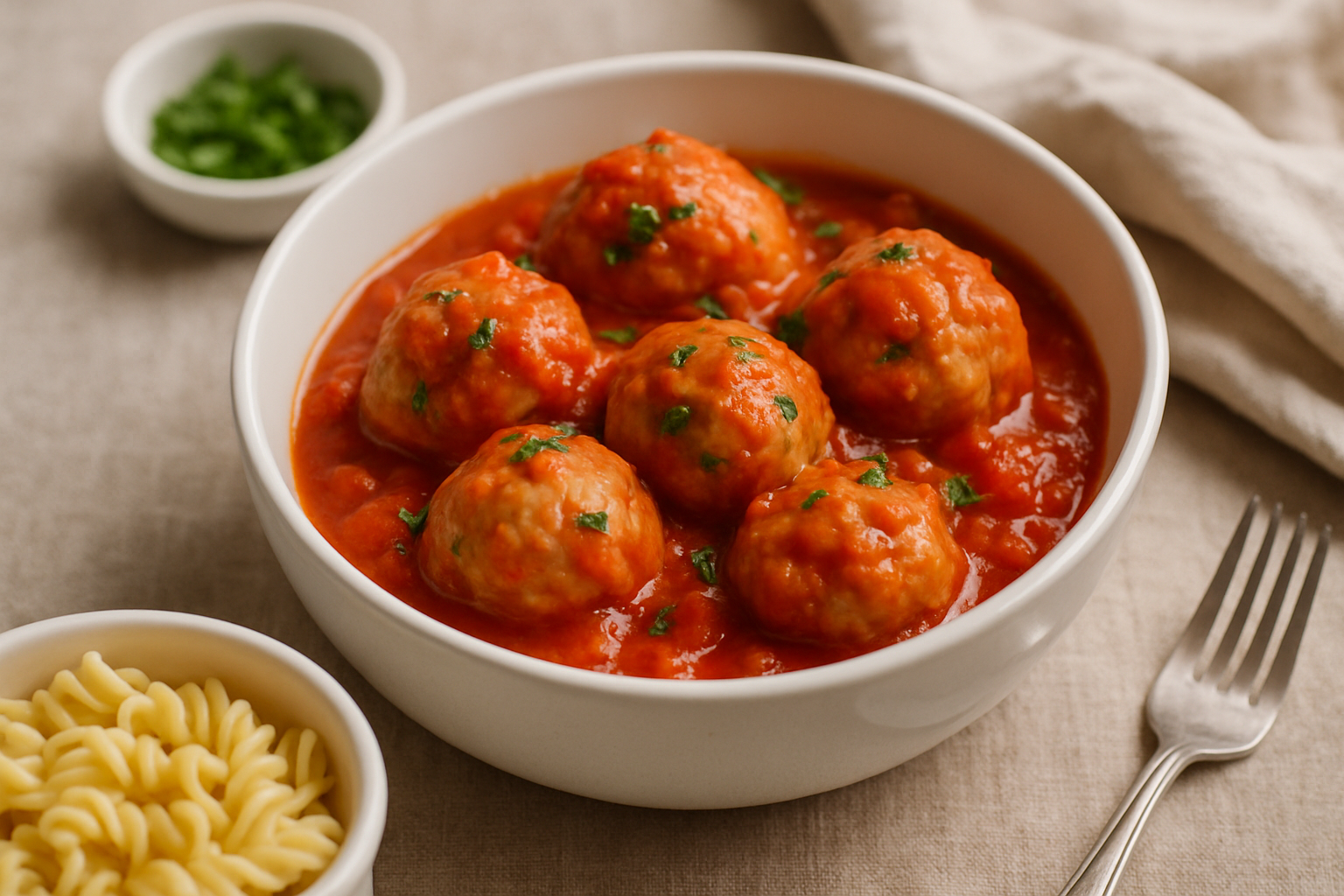 Kuleczki mięsne w sosie pomidorowym podane w białej misce, obok makaron rurkowy. Danie ozdobione świeżą pietruszką.