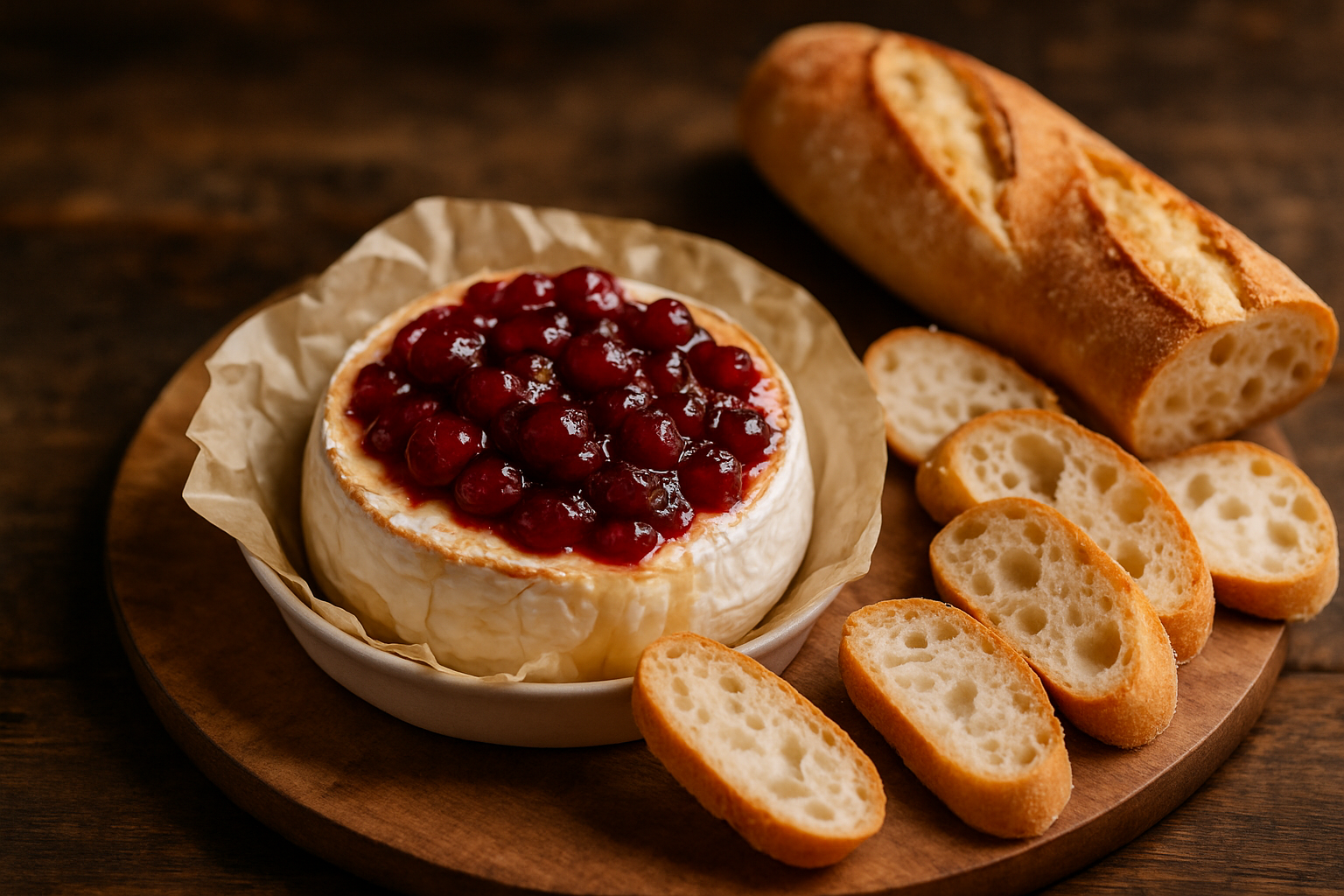 cover-277229 Ser brie w naturalnej skórce, pokryty słodkimi owocami, podany na drewnianym talerzu razem z chrupiącym pieczywem, w tym małymi kromkami bagietki. Idealna propozycja na przekąskę lub przystawkę.