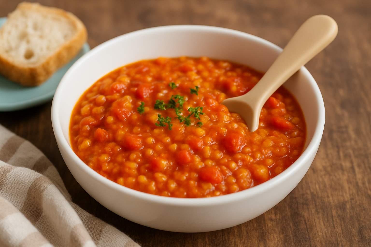 Zupa pomidorowa z makaronem w białej misce, ozdobiona świeżą pietruszką, obok kromka świeżego chleba na niebieskim talerzyku. Idealna na ciepły posiłek.
