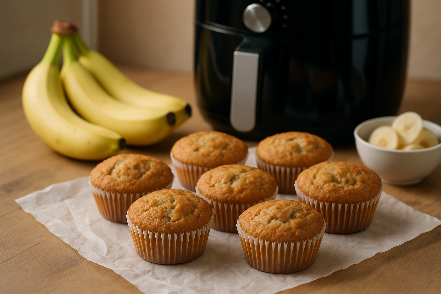 Muffiny bananowe na tle gniazda do smażenia powietrzem, z bananami w jednym rogu i miską z plasterkami banana obok. Oświetlenie naturalne, ciepła tonacja.